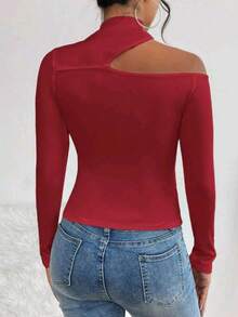 Women's T-Shirt Blouse Suplex Fabric Long Sleeve High Neck Asymmetrical Cut Ideal For Meetings And Casual Use - 紅色 - 查看 2