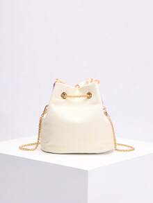 1pc Colorful PVC Floral Embroidered Mesh Sequined Pearl Decor Bucket Bag, New Resort Style Shoulder/Crossbody Bag, Fashion & Versatile (Floral Pattern Randomly Sent) - Beige - View 7