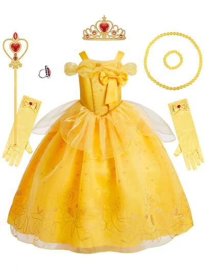 8 件套女童套装黄色细肩带蝴蝶结花卉芭蕾舞裙配饰，儿童角色扮演服装，适合节日派对、圣诞节