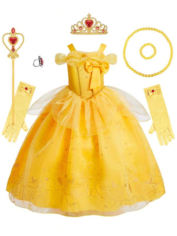 8pcs Girls' Set Yellow Spaghetti Strap Bow Floral Tutu Dress Accessories, Kids Role-Play Costume For Holiday Party, Christmas