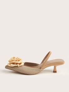 女士花卉针织小猫高跟鞋，纯色尖头一脚蹬鞋，百搭优雅派对低帮凉鞋，低跟舒适通勤凉鞋 - 杏色 - 查看 5