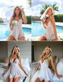 Women's Lace Front Closure  Nightie V Neck Sexy Chemise Sleepwear Set - màu xanh lá - Xem 5