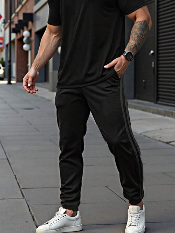 1pc Men's Athleisure & Outdoor Activewear Outfit, Lightweight Casual Loose Fit Sweatpants, Suitable For Running, Hiking, Gym Training, Summer Vacation Beach, Everyday Wear, Striped Ankle-Length Trousers