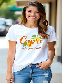 Camiseta Mujer 180g de Algodón Blanco con Cuello Redondo y Manga Corta, Estilo Capri y Estampado "Capri - Take Your Breath", Casual y Moderna para un Look Fresco y Veraniego, Ideal para Ocasiones Informales. - Blanco - Ver 1