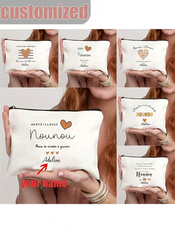 1 pieza Bolsa de maquillaje personalizada con texto francés "Merci De M'aimer" y "Super Nounou" con estampado floral - Bolsa plegable ligera con texto impreso, bolsa de compras con texto, regalo de boda para mujeres damas de honor, regalo lavable a máquina para niñeras, au pairs, mujeres (blanco), bolsa elegante, tela duradera, bolsa con cremallera, regalos para niñeras
