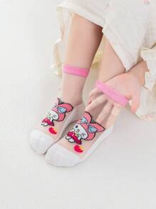 Sanrio 5 Pairs Girls Short Socks, Melo-Dy Baby Boat Socks, Pink Tones, Rabbit, Ice Cream Cartoon Patterns, Cute Casual Style, Thin For Summer, Suitable For Students, Daily, Holidays, Back To School, New Semester, Classroom, Can Be Paired With Skirts, Casual Pants