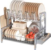 Conjunto de escurridor de platos y escurridor de 2 niveles, escurridor grande de acero inoxidable para encimera de cocina con portavasos (Gris) - Multicolor - Ver 8