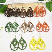 8-Pairs Set Modern Rustic Wooden Pendant Earrings For Women, Suitable For Vacation, Party, Celebration, Plant Design, Women Jewelry
