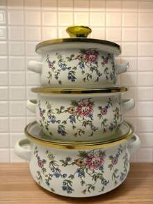 3个12-16厘米加厚金边3件珐琅迷你双耳珐琅拉面碗、锅、砂锅，适用于燃气/电磁炉，适用于婴儿、成人、儿童食品锅、汤锅、海鲜锅、拉面锅圣诞礼物；圣诞礼物万圣节礼物返校礼物、教师节礼物 - 彩色 - 查看 12