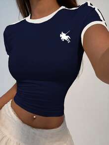 Women's Summer Round Neck Short Sleeve Contrast Color Print T-Shirt - Navy Blue - View 5