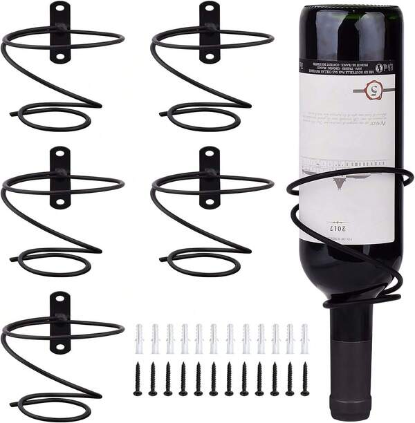 MOCOUM Paquete de 6 soportes de pared para botellas de vino - Soporte para exhibición de botellas de vino tinto con tornillos, organizador colgante de metal para rack de vino para almacenamiento de bebidas/botellas de licor (Paquete de 6, Estilo hacia abajo 2)
