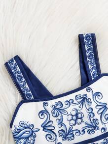 2pcs/Set Infant&Baby GirlBlue & White Porcelain Print Camisole Top & High Waist Mid-Length Skirt Outfit, Spring/Summer