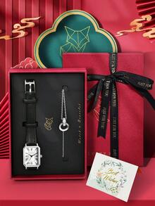 1pc LUCKYFOX Quartz Wrist Watch With Bracelet, Minimalist Casual Vintage Business Style Zinc Alloy Square Face Leather Strap Watch, Luxury Gift Set With Greeting Card, Suitable For Holidays, Valentine's Day - Black - View 1