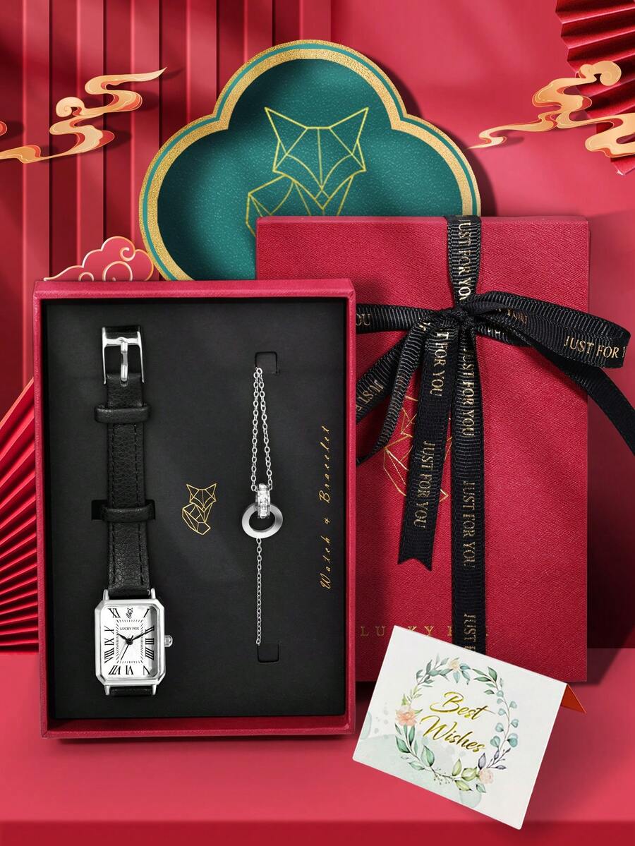 1pc LUCKYFOX Quartz Wrist Watch With Bracelet, Minimalist Casual Vintage Business Style Zinc Alloy Square Face Leather Strap Watch, Luxury Gift Set With Greeting Card, Suitable For Holidays, Valentine's Day - Black - View 1