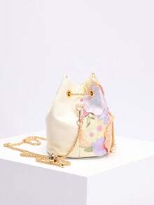 1pc Colorful PVC Floral Embroidered Mesh Sequined Pearl Decor Bucket Bag, New Resort Style Shoulder/Crossbody Bag, Fashion & Versatile (Floral Pattern Randomly Sent) - Beige - View 6