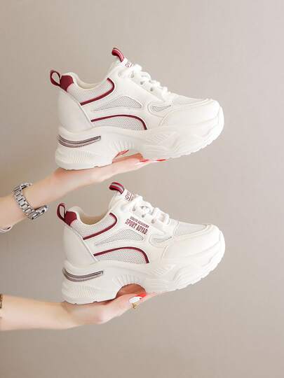 8cm Plateau Beige Sneaker für kleine Frauen, Vintage Stil bequeme versteckte Keilschuhe, vielseitige Lässig Sneaker, die die Beine verlängern