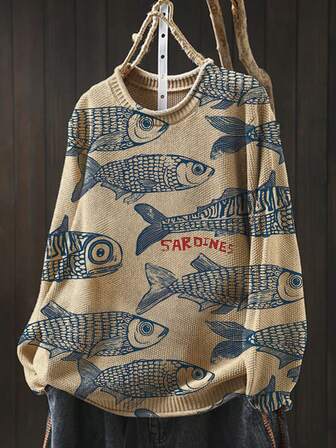 Suéter de vacaciones con estampado de vida marina, cómodo y casual, con diseño de impresión de sardina, pez payaso y alfabeto, cuello redondo, manga larga con puños enrollados y diseño de cuello enrollado, ropa de otoño/invierno para mujeres