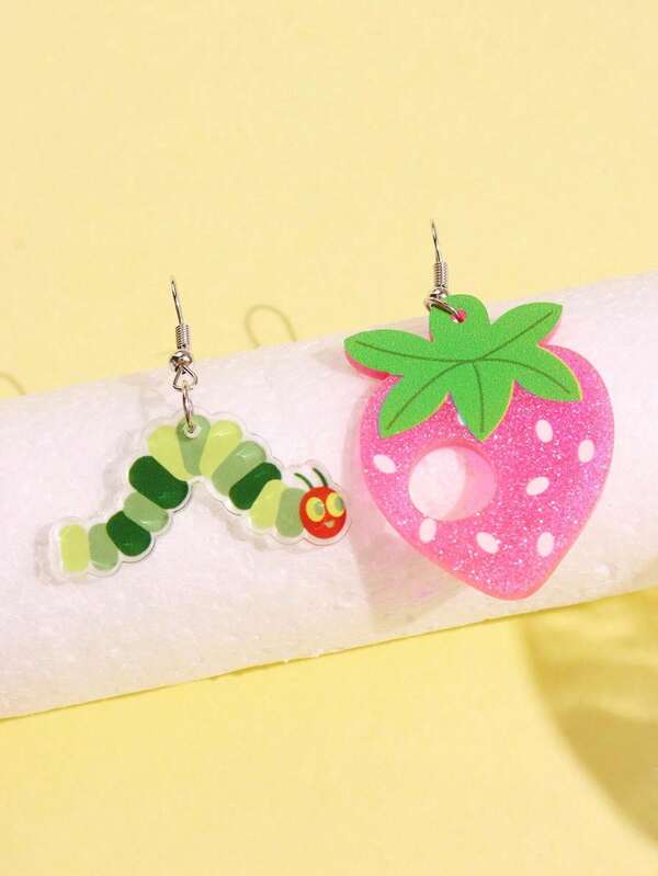 1 Pair Unique Acrylic Hungry Caterpillar Eating Strawberry Design Creative Earrings, Suitable For Holidays And Parties