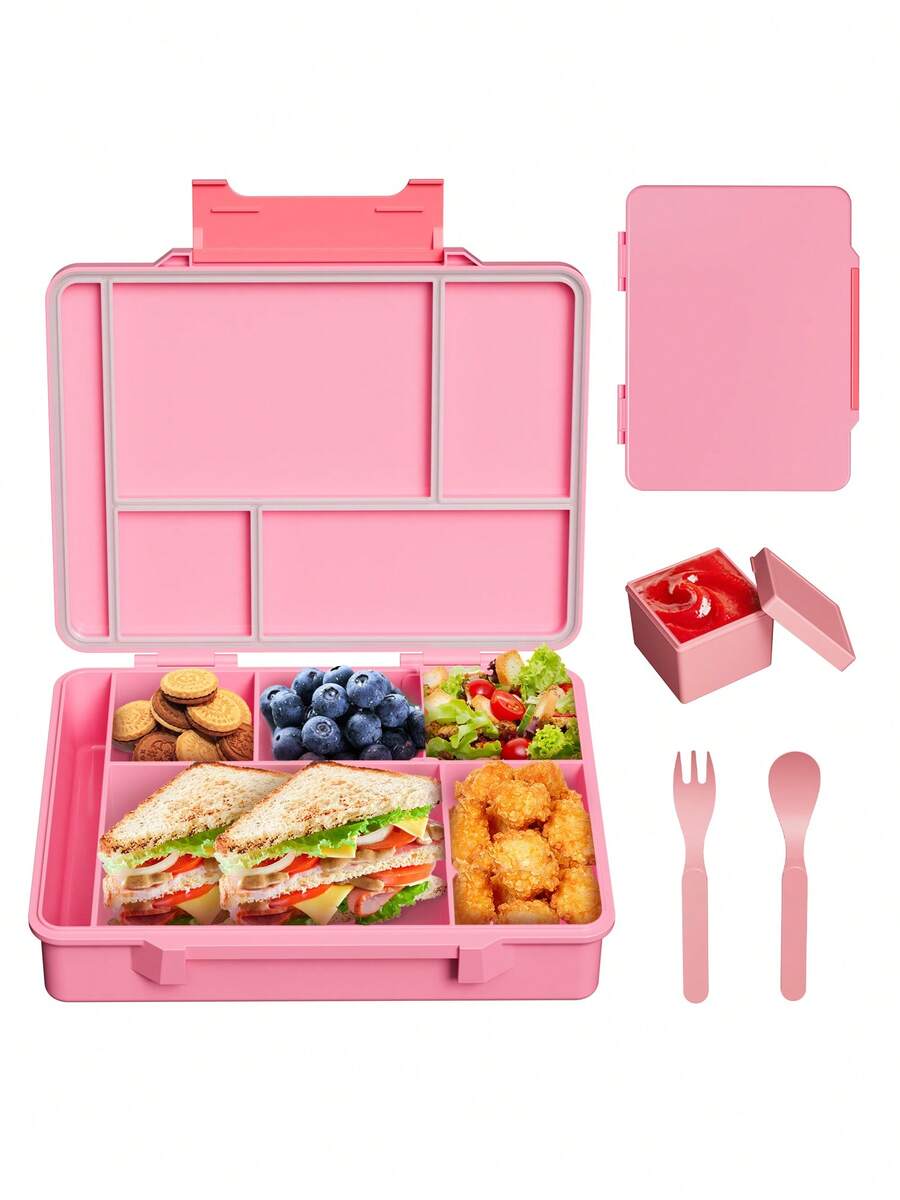 Bento Lunch Box – Leakproof 5-Compartment Food Container with Fork, Spoon, and Salad Box, Ideal for Kids & Adults at School, Office, Travel, and Picnics - 粉色 - 查看 1