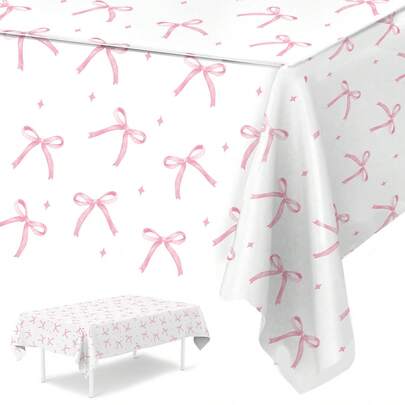 1pc/3pcs Set Pink Bow Baby Shower Tablecloth, Dreamy Pink Bow Pattern Disposable Waterproof Table Runner, Perfect For Baby Gender Reveal Party, Home Events, Baby Shower Decorations, Gender Reveal Decorations, Baby Shower Gifts, Dining Table, Cabinet, Bar Countertop Decor, Outdoor Camping Picnic Tablecloth, Easy To Clean
