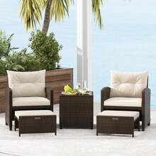 5 Pieces Patio Furniture Set With Ottoman, Wicker Conversation Set W/Cushions, Glass Coffee Table, Outdoor Rattan Lounger Chairs Bistro Set For Porch Balcony Garden Deck Poolside (Beige) - Beige - View 8