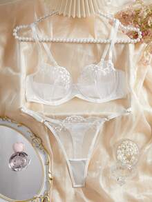 Ladies' Elegant And Sexy White Mesh Perspective Flower Embroidery Lingerie Set - 白色 - 查看 2