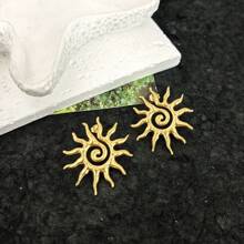 1 par de pendientes minimalistas retro de acero inoxidable chapado en oro con forma de sol irregular retorcido, pendientes populares europeos y americanos con diseño de flor de sol