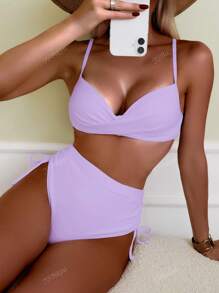 Women Summer Beach Vacation Solid Color Bikini Set