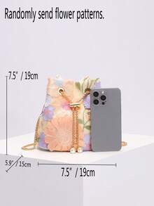 1pc Colorful PVC Floral Embroidered Mesh Sequined Pearl Decor Bucket Bag, New Resort Style Shoulder/Crossbody Bag, Fashion & Versatile (Floral Pattern Randomly Sent) - Beige - View 3