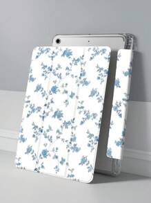 1pc Blue Floral Painting Pattern Transparent Silicone Anti-Drop Protective Cover With Pen Holder, Support Sleep & Wake Function Compatible With Huawei, , IPad, , Holiday Gift