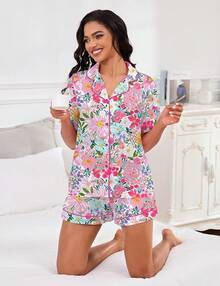 Funny Graphic Women Set Button Down Short Sleeve Top And Shorts Pjs Sets Sleepwear XS-XXL - Floral Pink - 查看 7