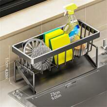 1 Estante multiusos para el fregadero, con soporte para esponja, estropajo y utensilios de cocina, almacenamiento de paños de lavado y bola de alambre de acero al carbono para el fregadero. Estante de acero al carbono mejorado para colgar en el fregadero y mantener limpio.