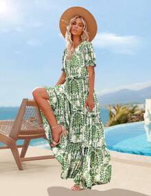 YESNO Summer Casual Bohemian Floral Dresses Women Puff Short Sleeve Long Maxi Dress With Pockets ETX - Royal Blue - View 5