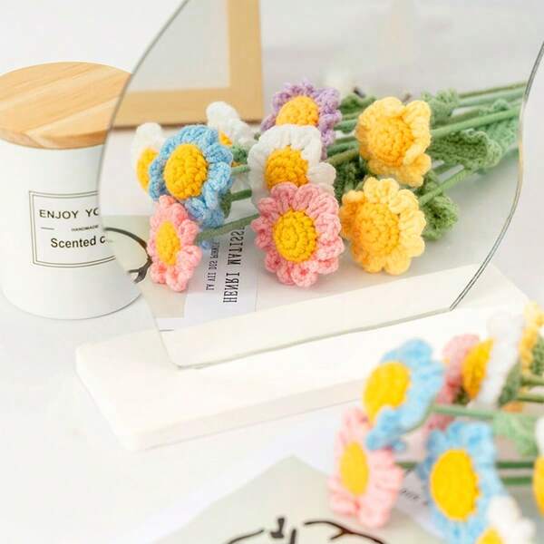 3pcs Mixed Color Reunion Gift Artificial Daisy Flower Bouquet - Hand-Crocheted Floral Decor, Suitable For Home Decorations And Special Occasions, Mother's Day Gift