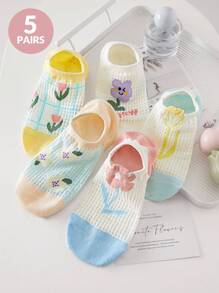 5 Pairs Of Women's Socks, Playful Floral Cute Candy Color Women's Short Socks Ankle Socks, Daily Casual Wear