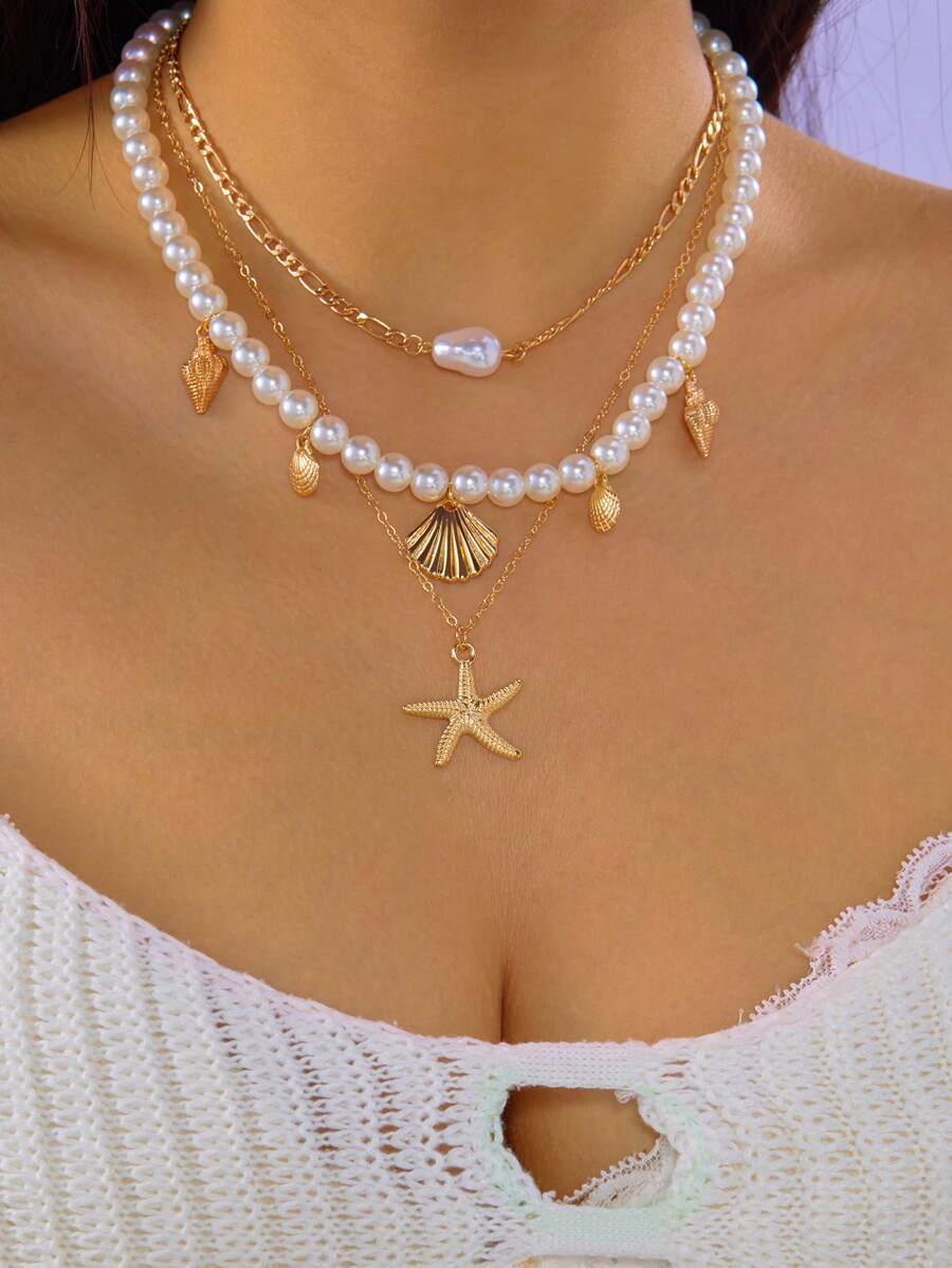 3 Stücke Ozean Urlaubsstil Perlenkette mit Strand Seestern Muschelanhängern