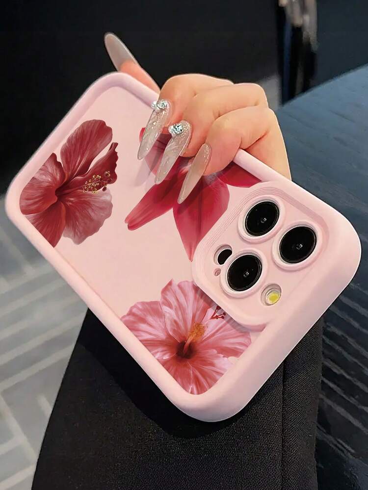 1pc Realistic Big Red Flower Pattern Perforated Anti-Slip Phone Case, Compatible With IPhone 16e/16/16 Pro Max/16 Pro/16 Plus/15/15 Pro Max/15 Plus/14/14 Pro/14 Plus/14 Pro Max/13/13 Pro/13 Pro Max/12/12 Pro/12 Pro Max/11/11 Pro/11 Pro Max/X/XR/XS Max, Shockproof Soft Silicone Protective Phone Cover - Pink - View 3
