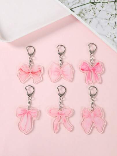 1pc/6pcs Pink Bow Baby Shower Party Acrylic Keychain, Pink Bow Pattern Keychain Pendant, Baby Shower Party Favor Keychain, Acrylic Decoration, Gender Reveal Party Keychain Gift, Bag/Phone Charm, Game Prize Gift, Cute Cartoon Baby Shower Party Favor