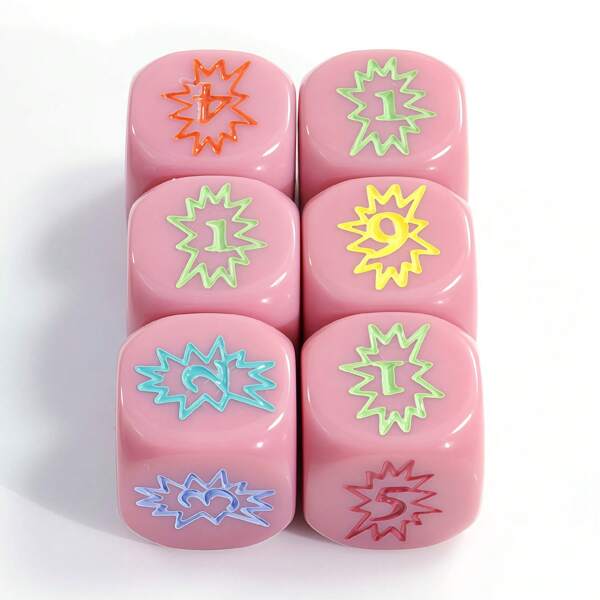 6pcs Pink Hexagonal Numbered Dice, With Various Color Patterns Suitable For Various Games