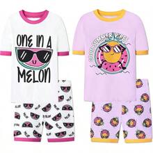 Girls Pure Cotton Summer Pjs Size 2T-14Years, Little Girls Short Sleeve 4-Piece Sleepwear Kids Toddler Pajamas Set - 有趣的西瓜和鳳梨 - 查看 1