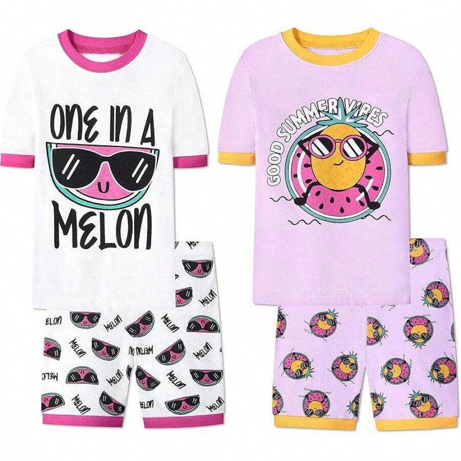 Girls Pure Cotton Summer Pjs Size 2T-14Years, Little Girls Short Sleeve 4-Piece Sleepwear Kids Toddler Pajamas Set - 有趣的西瓜和鳳梨 - 查看 1