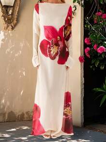 Women's Floral Print Long Dress Boat Neck Long Sleeve Slim Fit Sheer Mesh Dress For Summer Beach - 杏色 - 查看 4