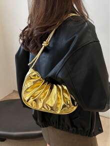 时尚纯色金色云朵褶皱PU女士手提包，简约甜美风格单肩包、斜挎包。适合购物、手提包、学生、年轻女性、办公室女性。非常适合办公室、大学、工作、商务、通勤、户外活动、旅行和野餐。