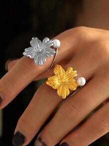 MiDuoDuo 1 pièce Bague fleur de perle de faux en acier inoxydable doré 18 carats, taille ajustable, bijou à la mode