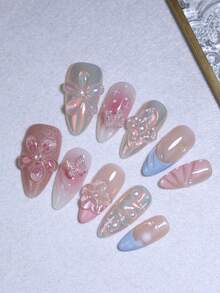 3D Flower And Ribbon Pattern Candy Multiple Colors Manual Nails 100% Handmade Press On Nails With Bow Knots Nail Decorations 10 Pieces False Nail Tips Almond Reusable Fake Nails For Four Seasons Nail Art Design For Women And Girls Nail Supplies Nails - Multicolor - View 3