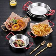 3 piezas de platos de acero inoxidable para mariscos, plato de doble oreja con mango Thick, sartén para paella española, wok de fondo plano, pollo frito coreano y plato para papas fritas, platos para pasta, lobster, adecuado para vacaciones, fiestas, uso doméstico y de restaurante. Debido al proceso de fabricación, puede haber pequeños rasguños y algunas marcas de soldadura en la parte inferior, pero no afectan el uso.