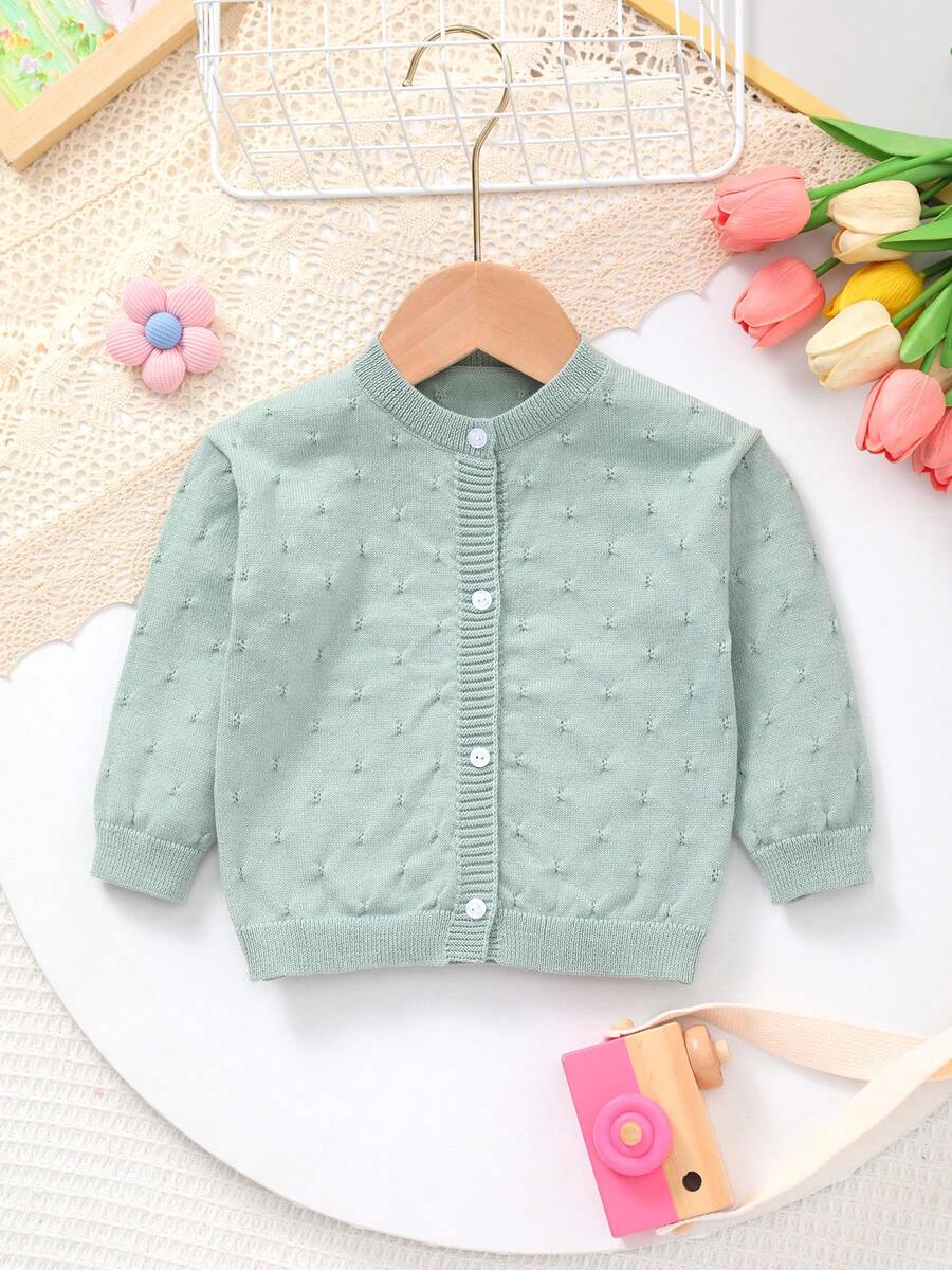 Chaqueta de punto de cuello redondo de unicolor para bebé niña - Azul Cadete - Ver 1