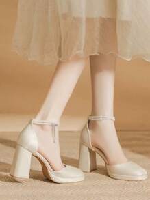 (Suggest Ordering One Size Up) Pearl Waterproof Platform Thick Heel Pumps Women, New Square Toe Mid Heel Dress Shoes To Pair With Skirts