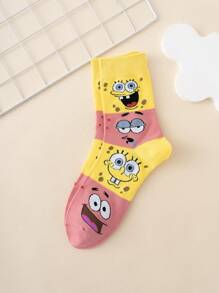 SPONGEBOB 1 Pair Funny Personalized Cartoon SpongeBob Eye Expression Two-Tone Jacquard Mid-Calf Socks, Sports Style, All Season, EU Sizing, Comfortable Breathable , Colorful, Suitable For Daily Wear, Premium Fabric, Non-Stuffy