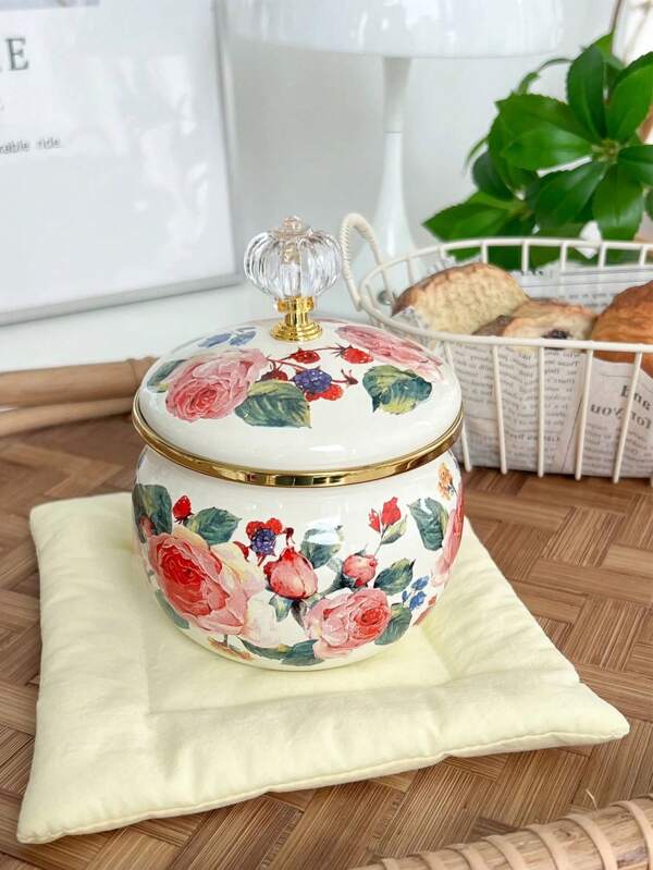 1pc Thick Enamel Canister With Lid, Spice Jar, Tea Caddy, Restaurant Condiment Container, Coffee/Sugar/Salt Pot, Multi-Purpose Storage Jar, High-End Decor Piece, Jewelry Box, Afternoon Tea Sweets Canister, Suitable For Holiday Gifts